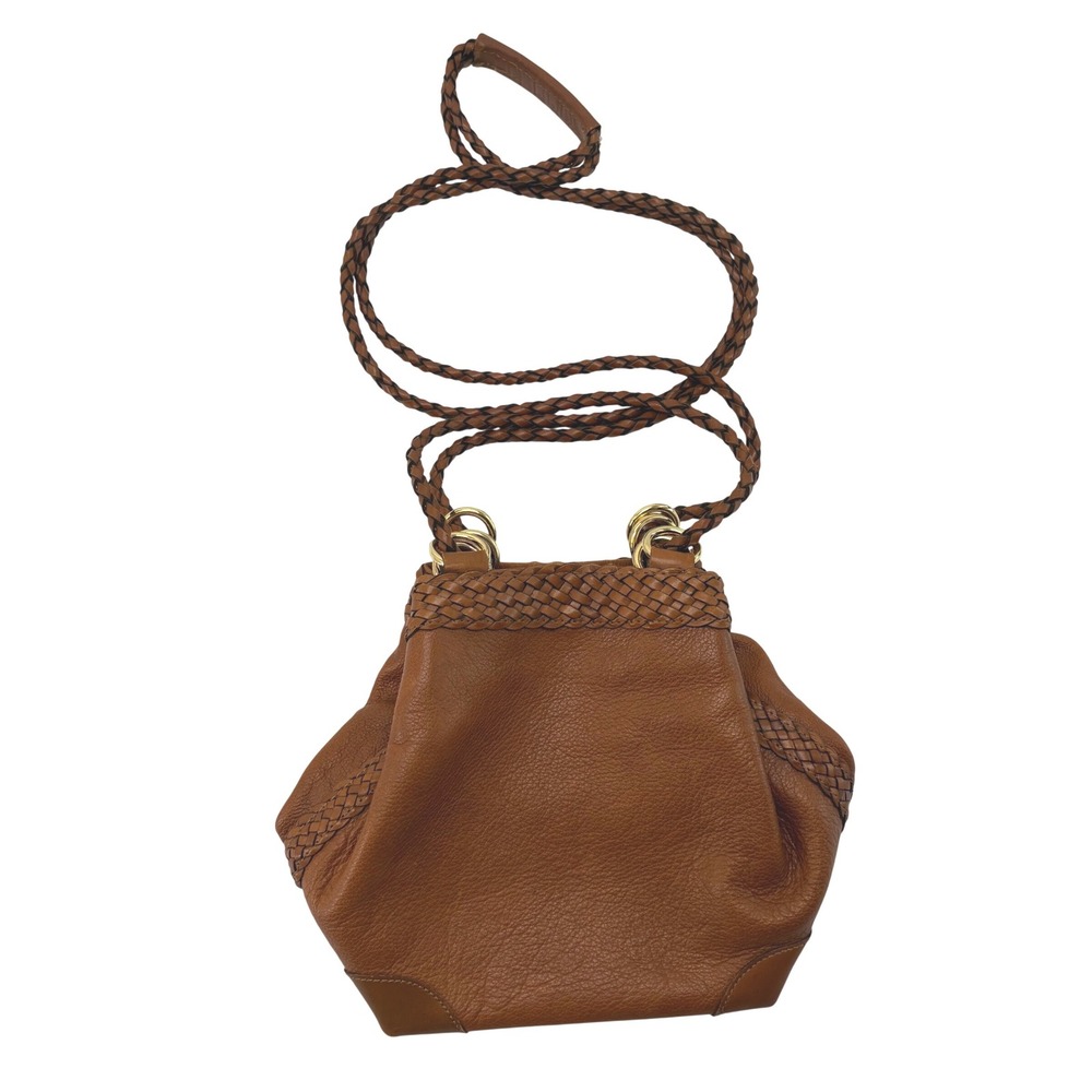Vintage Cognac Brown Leather Braided Crossbody Bag Boho Slouchy Gold Hardware